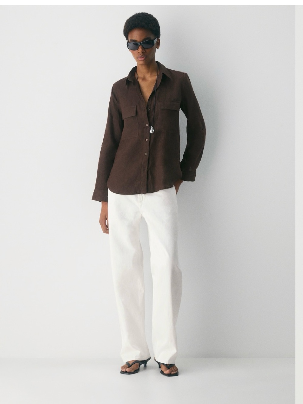 Aritzia Linen Chocolate Brown Button-Down Shirt
